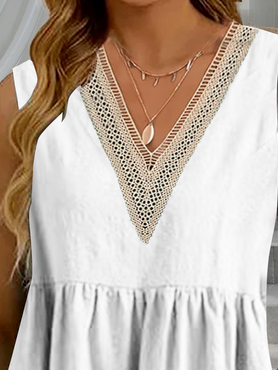 Lace Linen V Neck Loose Tank Top