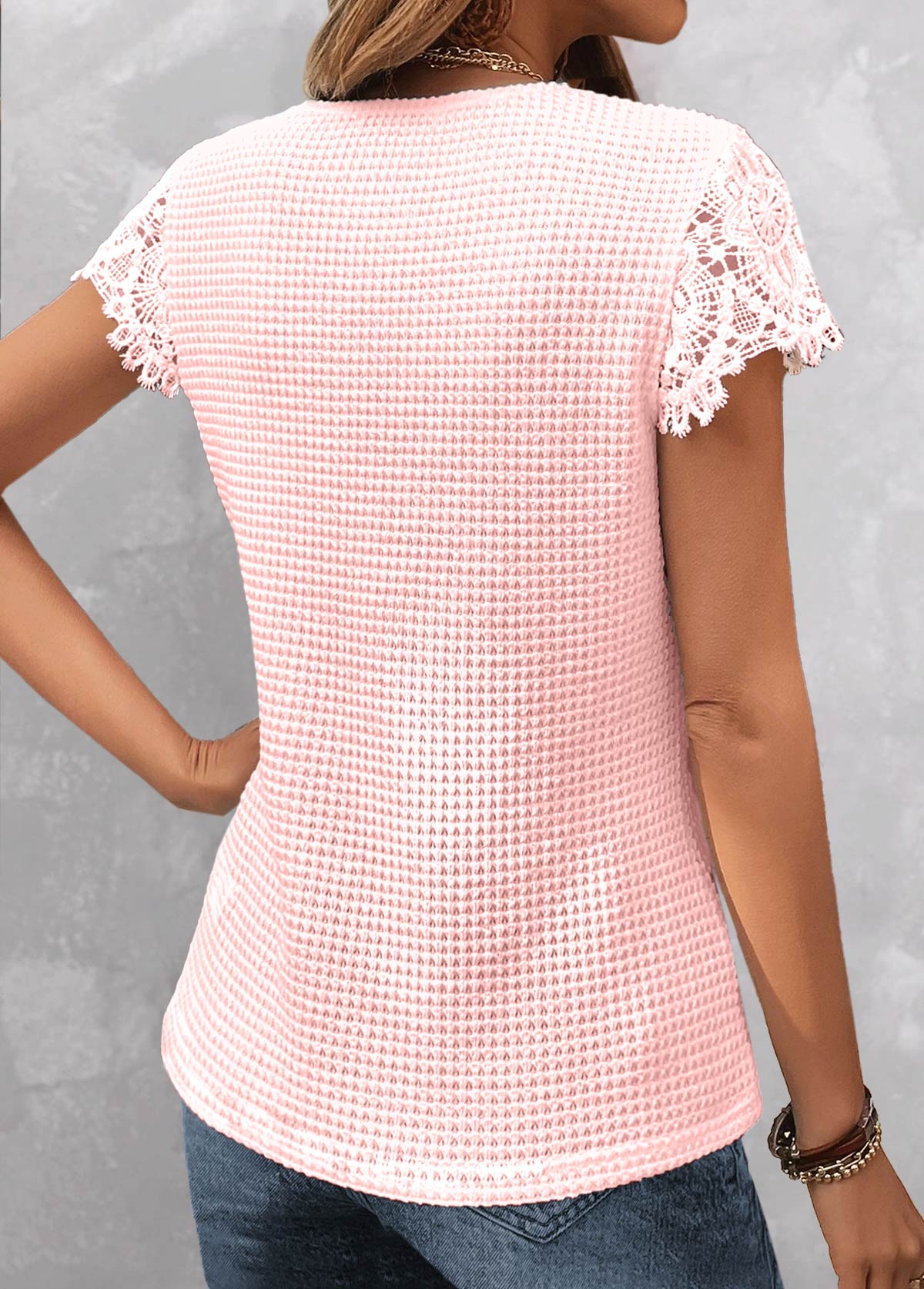 Lace Pink V Neck Short Sleeve T Shirt