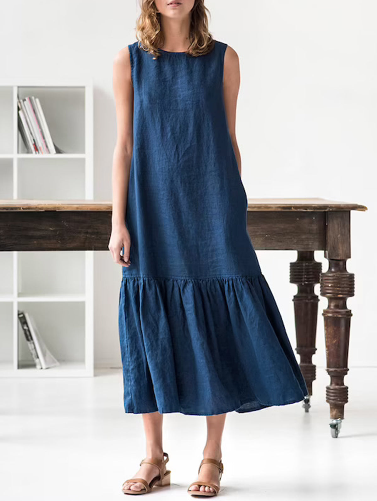 Casual Plain Boat Neck Sleeveless Spliced Ruffle Hem Midi Dress