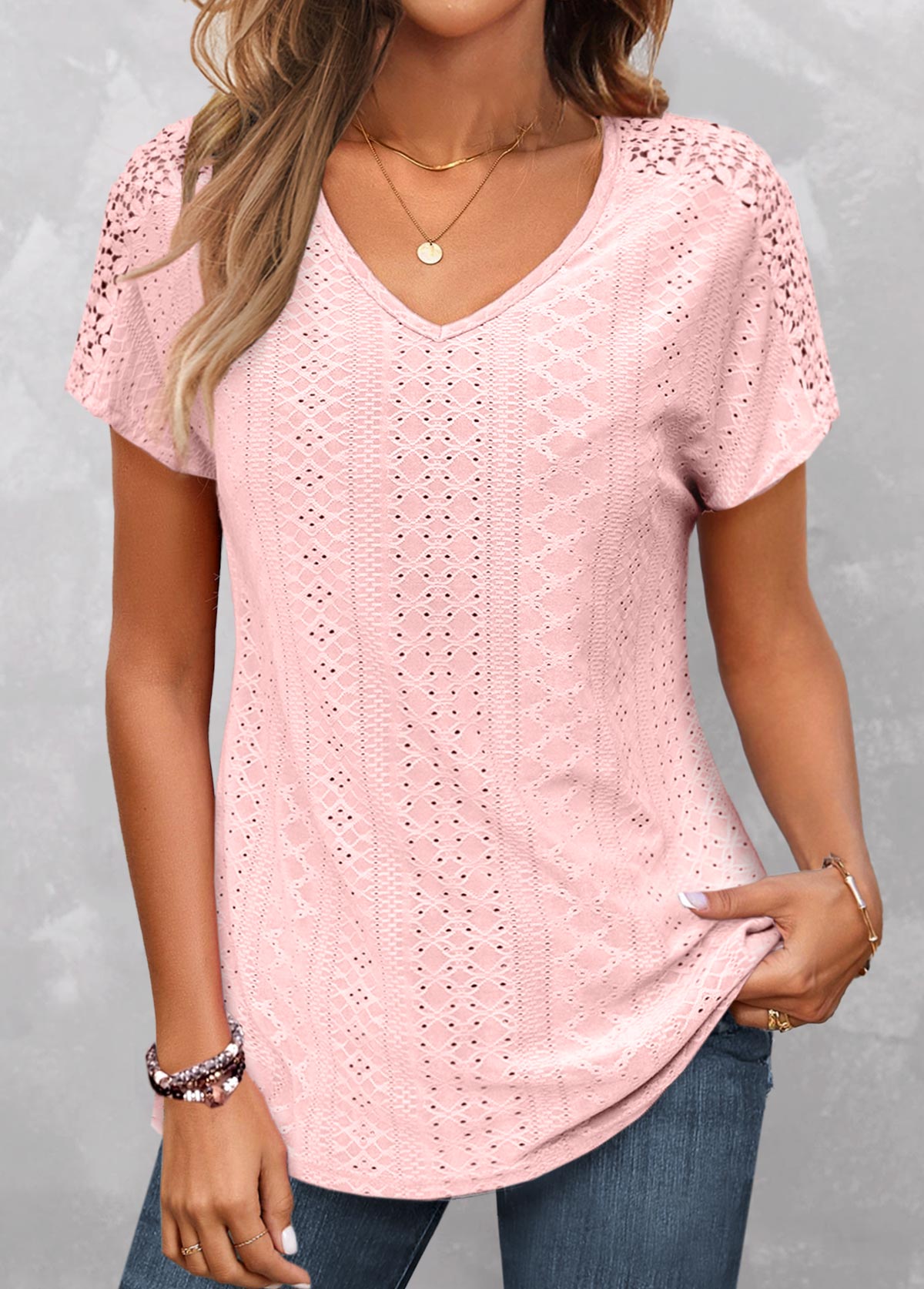 Lace Pink V Neck Short Sleeve T Shirt