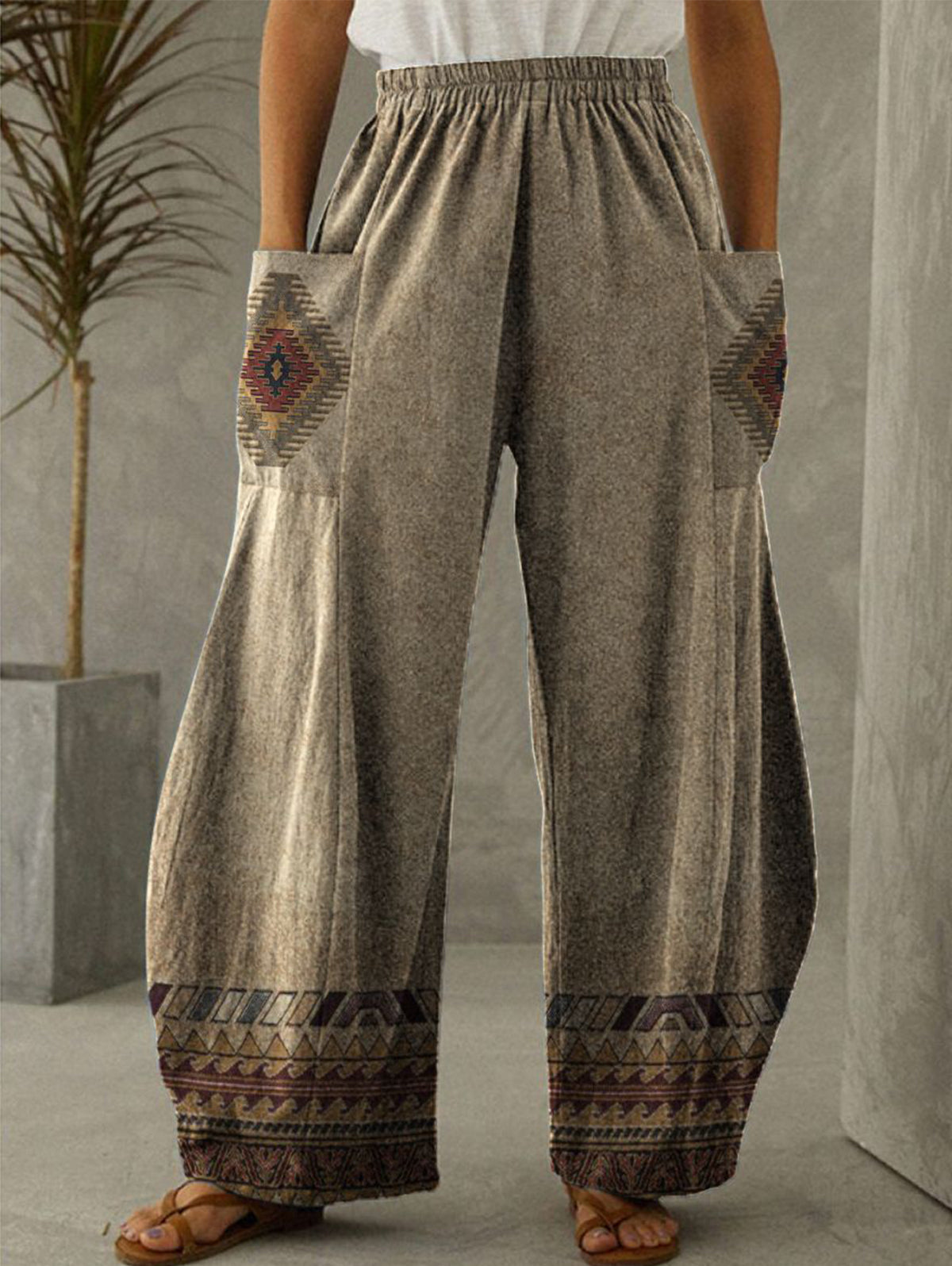 Elastic Waist Patch Pocket Wide Leg Ethnic Style Pants