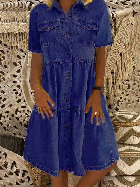 Denim Daily Casual Shirt Collar Short Sleeve Buttoned Pockets A-line Weaving Dress