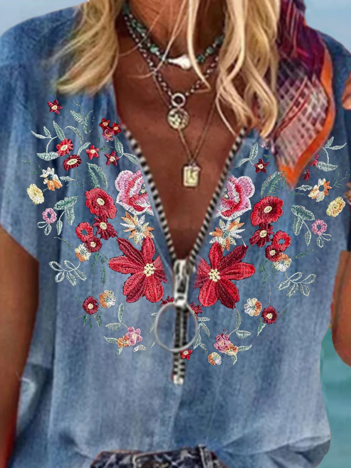 UR Casual Floral Zipper Short Sleeve Loose Denim Shirt