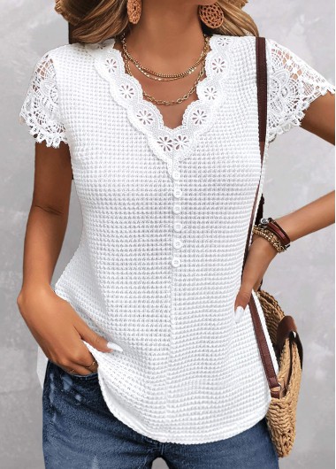 Lace Pink V Neck Short Sleeve T Shirt