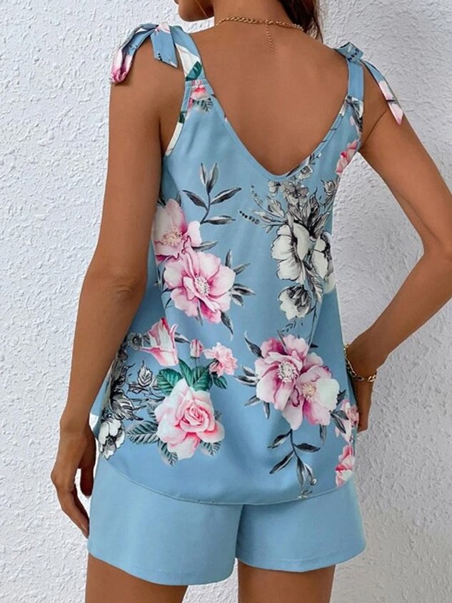 Floral V Neck Lace-Up Elegant Tank Top