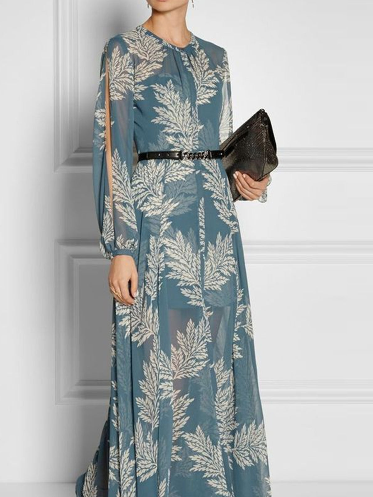 Elegant Crew Neck Foliage Print Split Sleeve A Line Maxi Dress