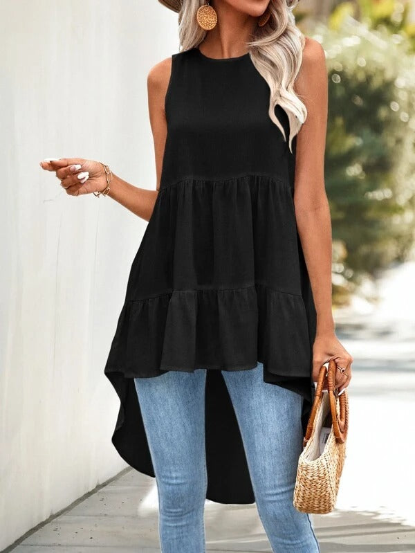 Solid Ruffle Hem Sleeveless Babydoll Blouse