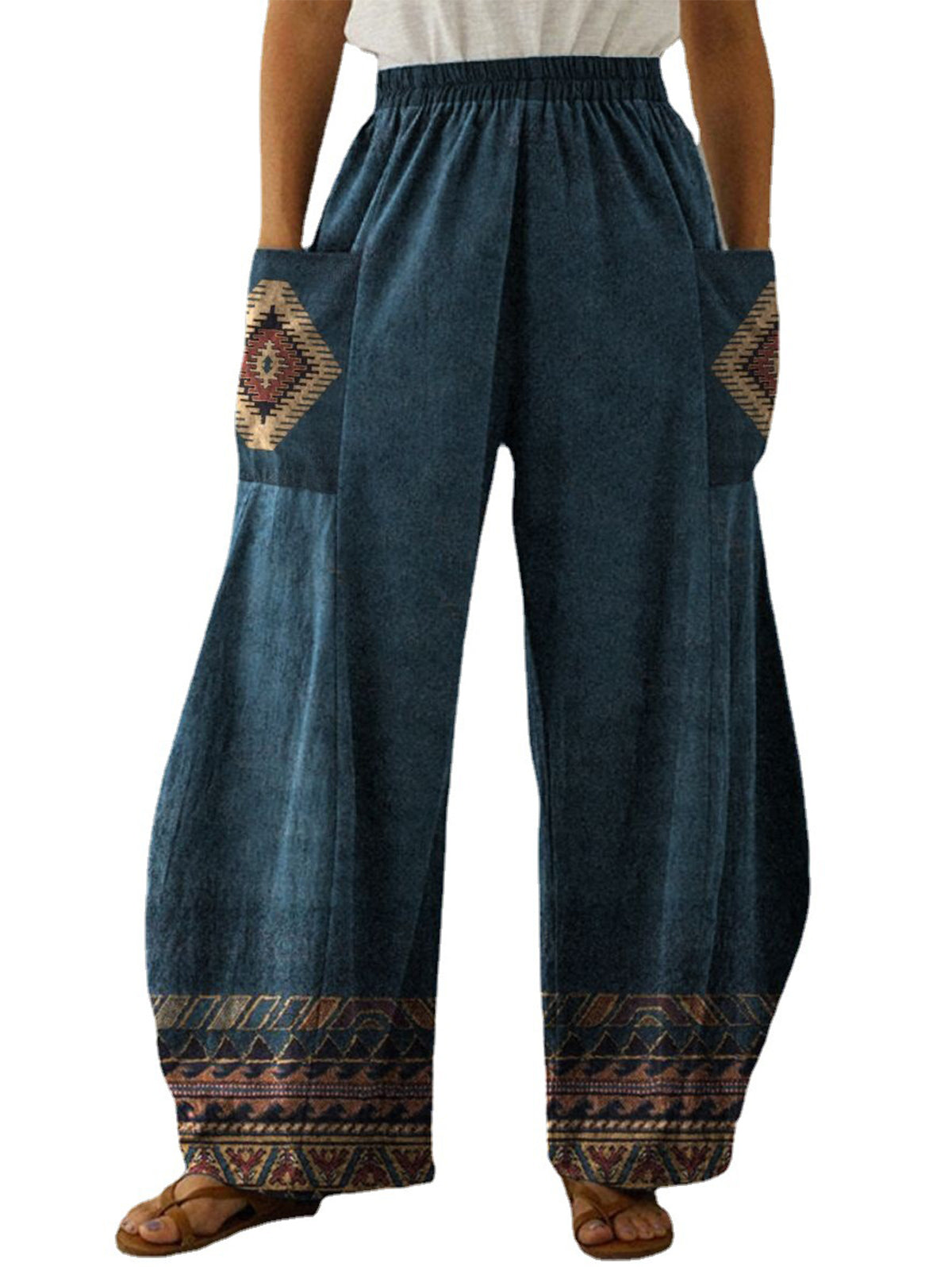 Elastic Waist Patch Pocket Wide Leg Ethnic Style Pants