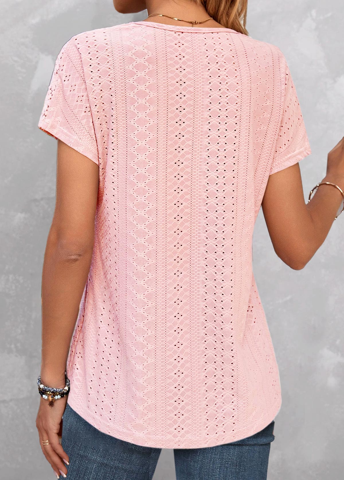 Lace Pink V Neck Short Sleeve T Shirt