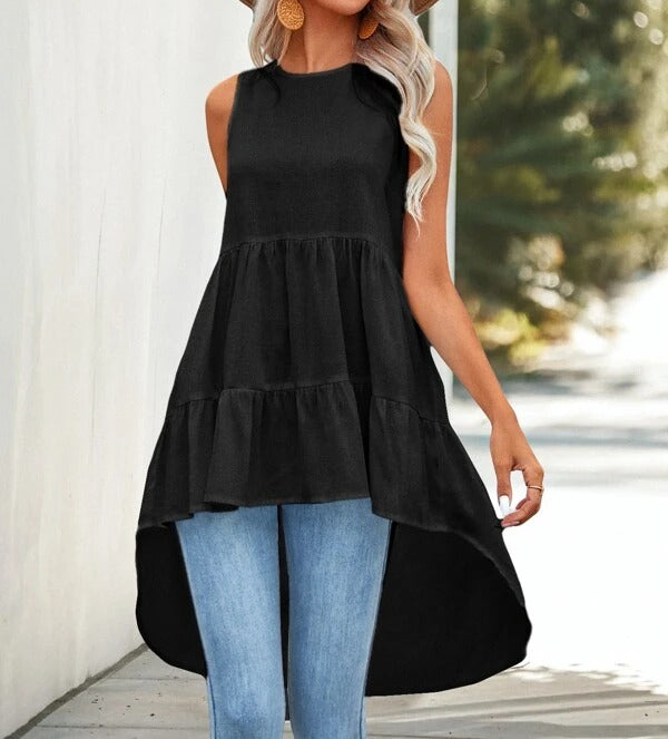 Solid Ruffle Hem Sleeveless Babydoll Blouse