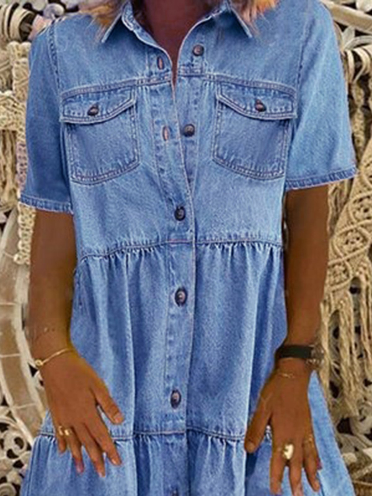 Denim Daily Casual Shirt Collar Short Sleeve Buttoned Pockets A-line Weaving Dress