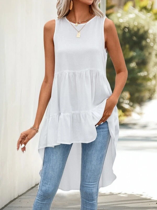 Solid Ruffle Hem Sleeveless Babydoll Blouse