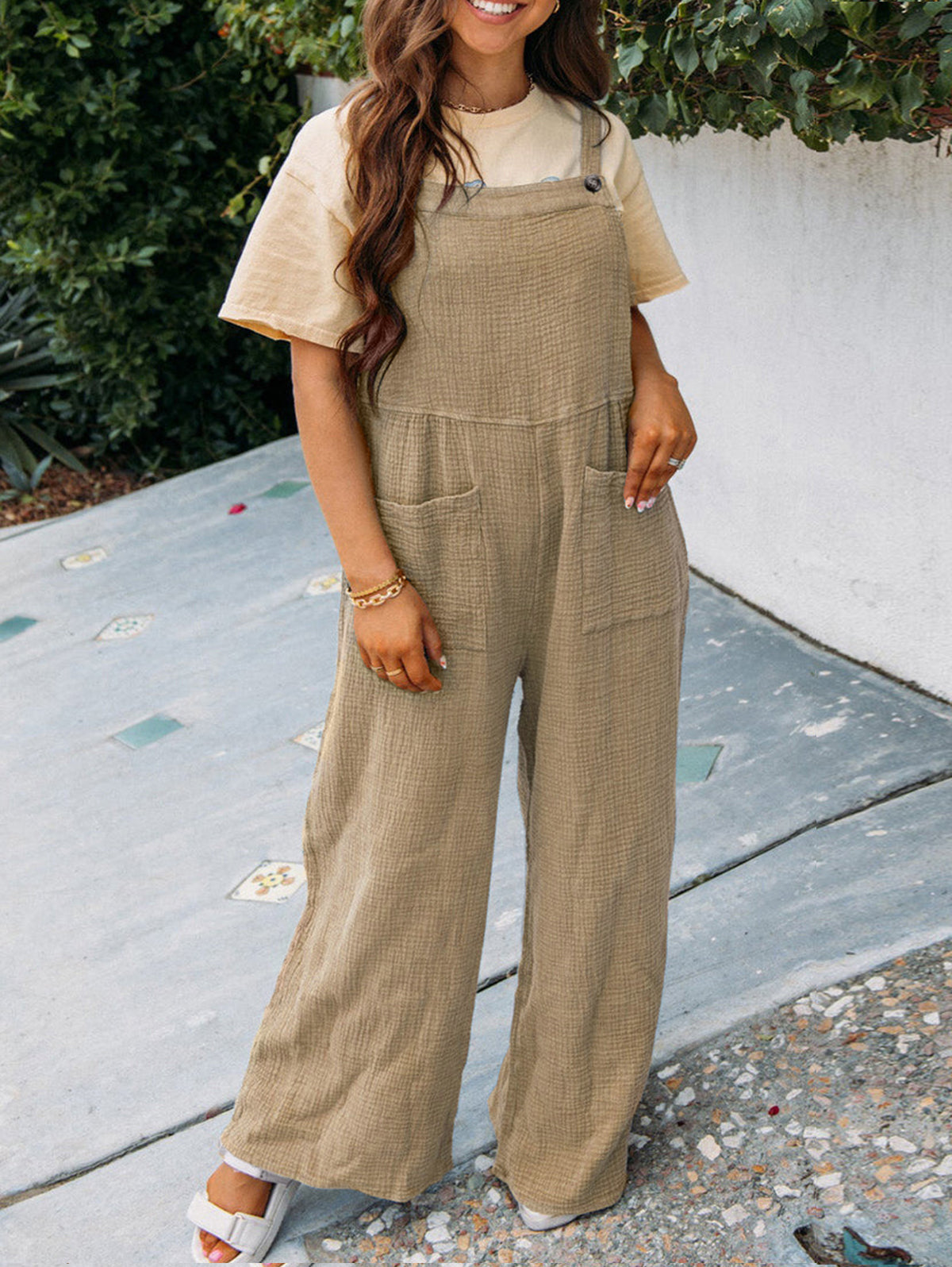 Casual Plain Sleeveless Pocket Loose Wide Leg Overalls