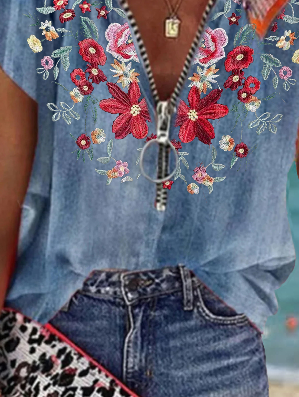 UR Casual Floral Zipper Short Sleeve Loose Denim Shirt