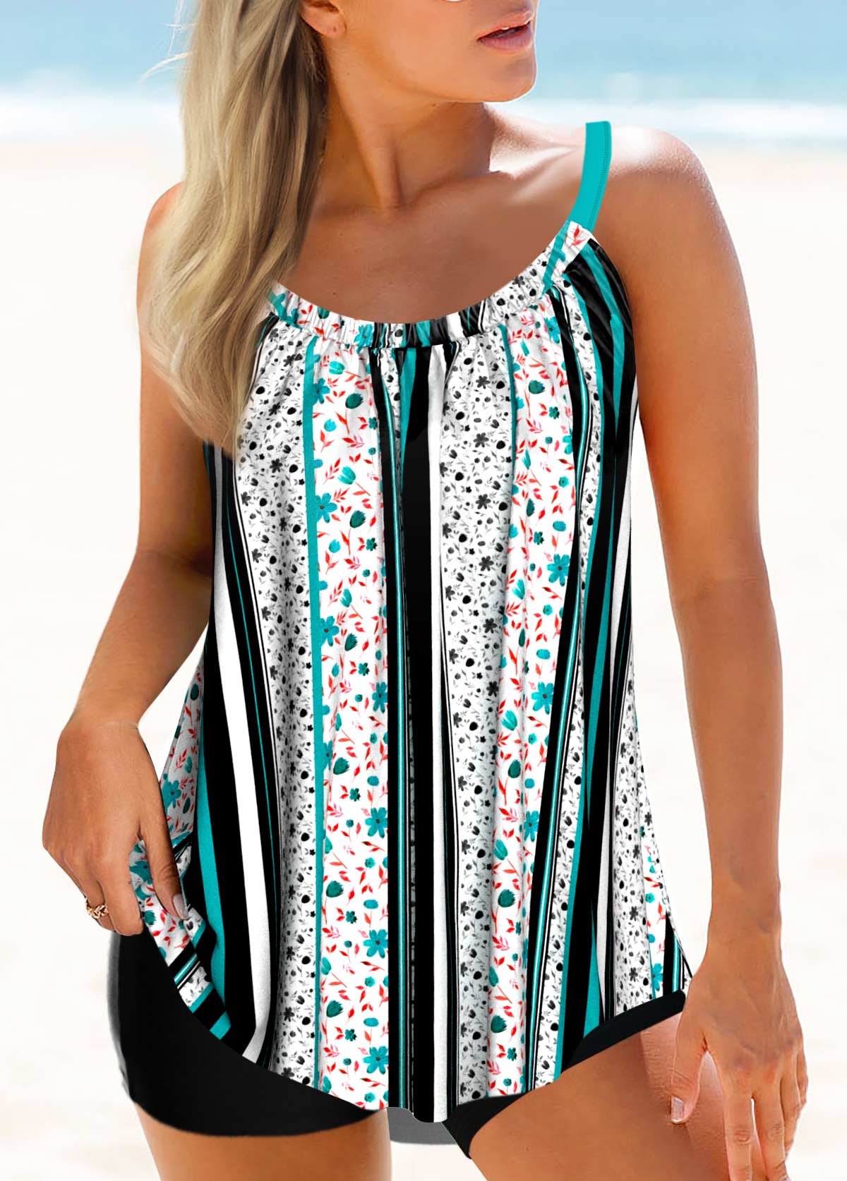 Asymmetry Green Plants Print Mid Waisted Tankini Set