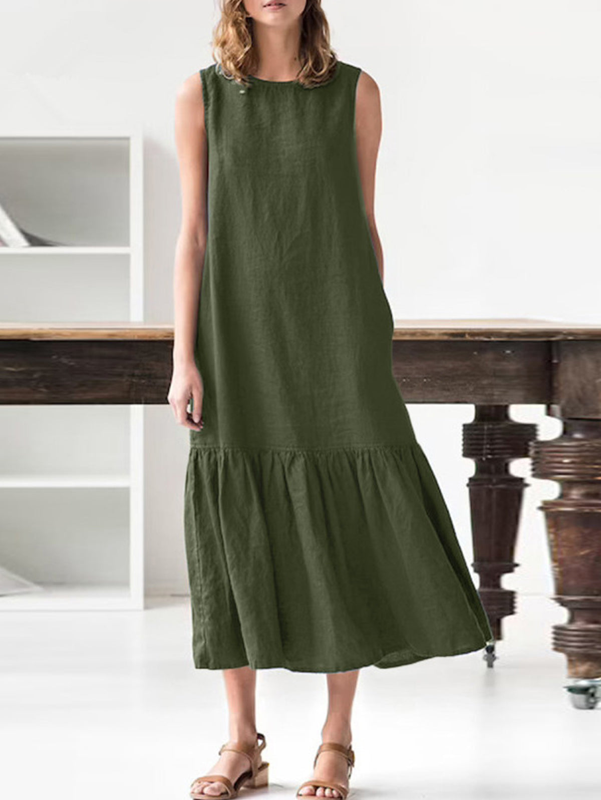 Casual Plain Boat Neck Sleeveless Spliced Ruffle Hem Midi Dress