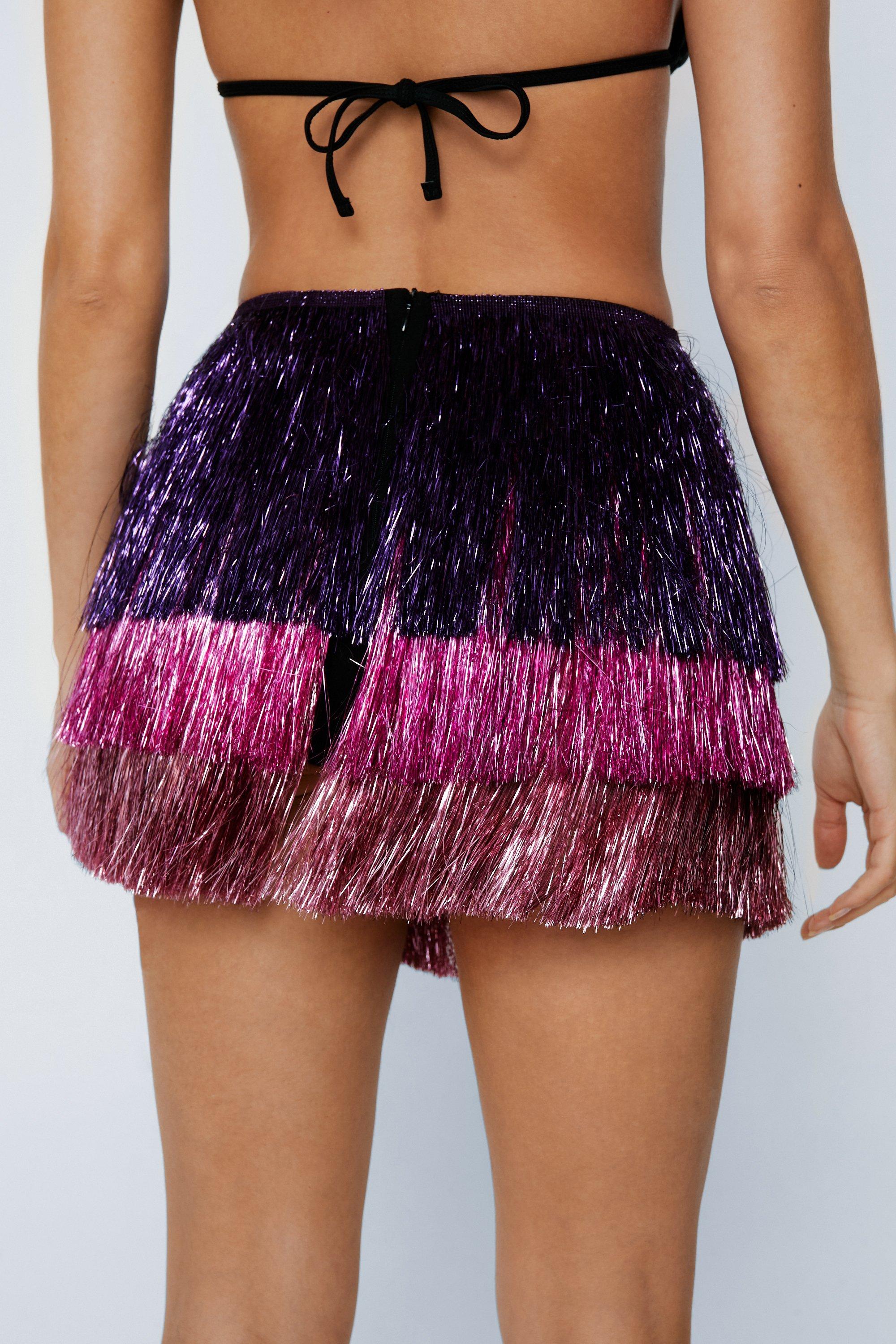 MultiColoured High Waisted Tinsel Fringe Shorts