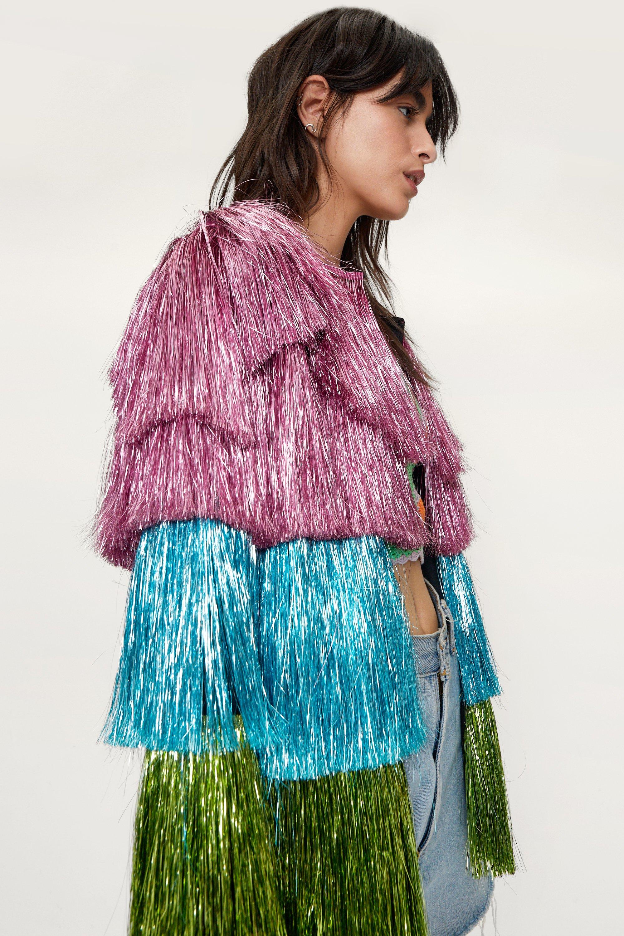 Metallic Open Front Tiered Tinsel Fringe Jacket