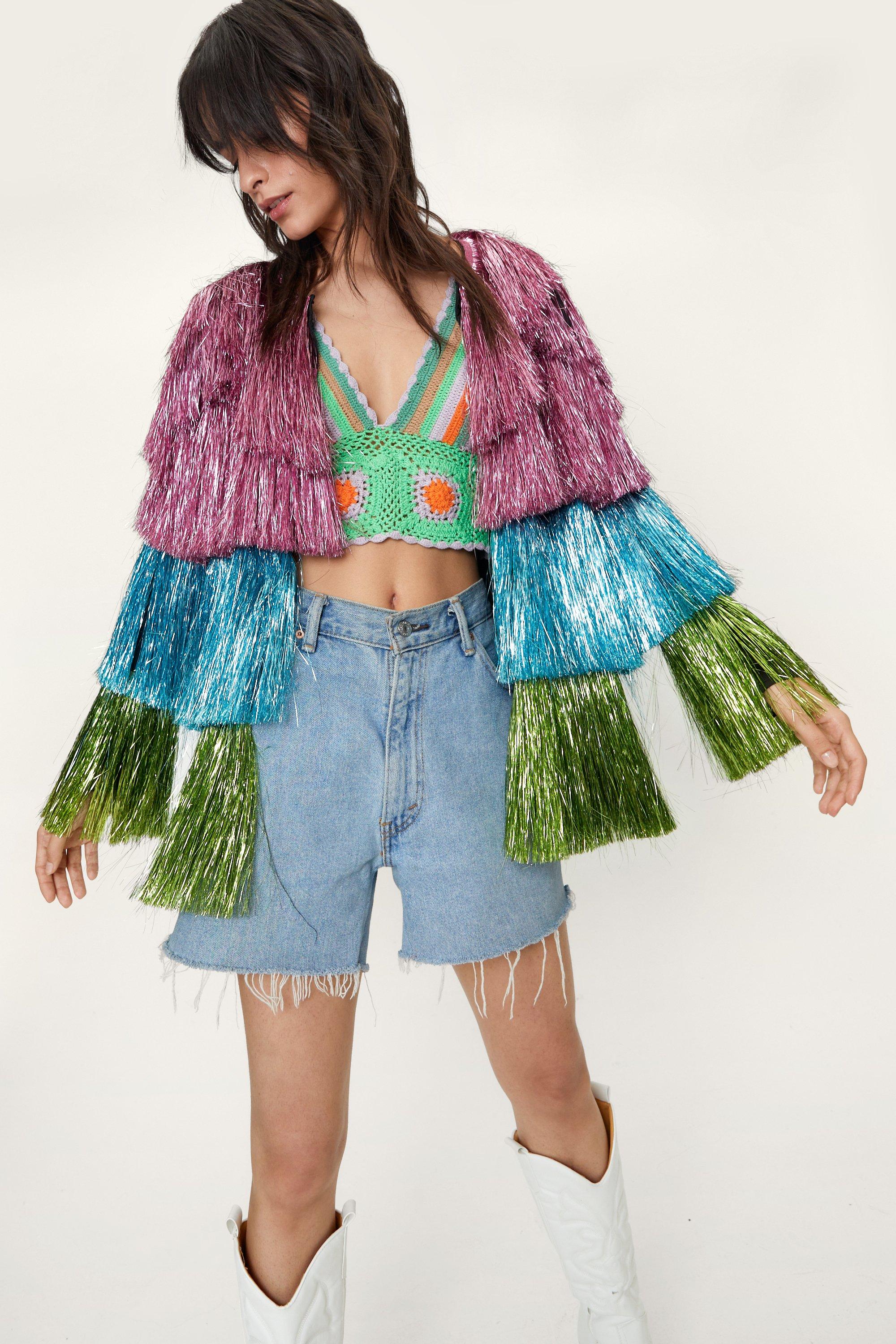 Metallic Open Front Tiered Tinsel Fringe Jacket