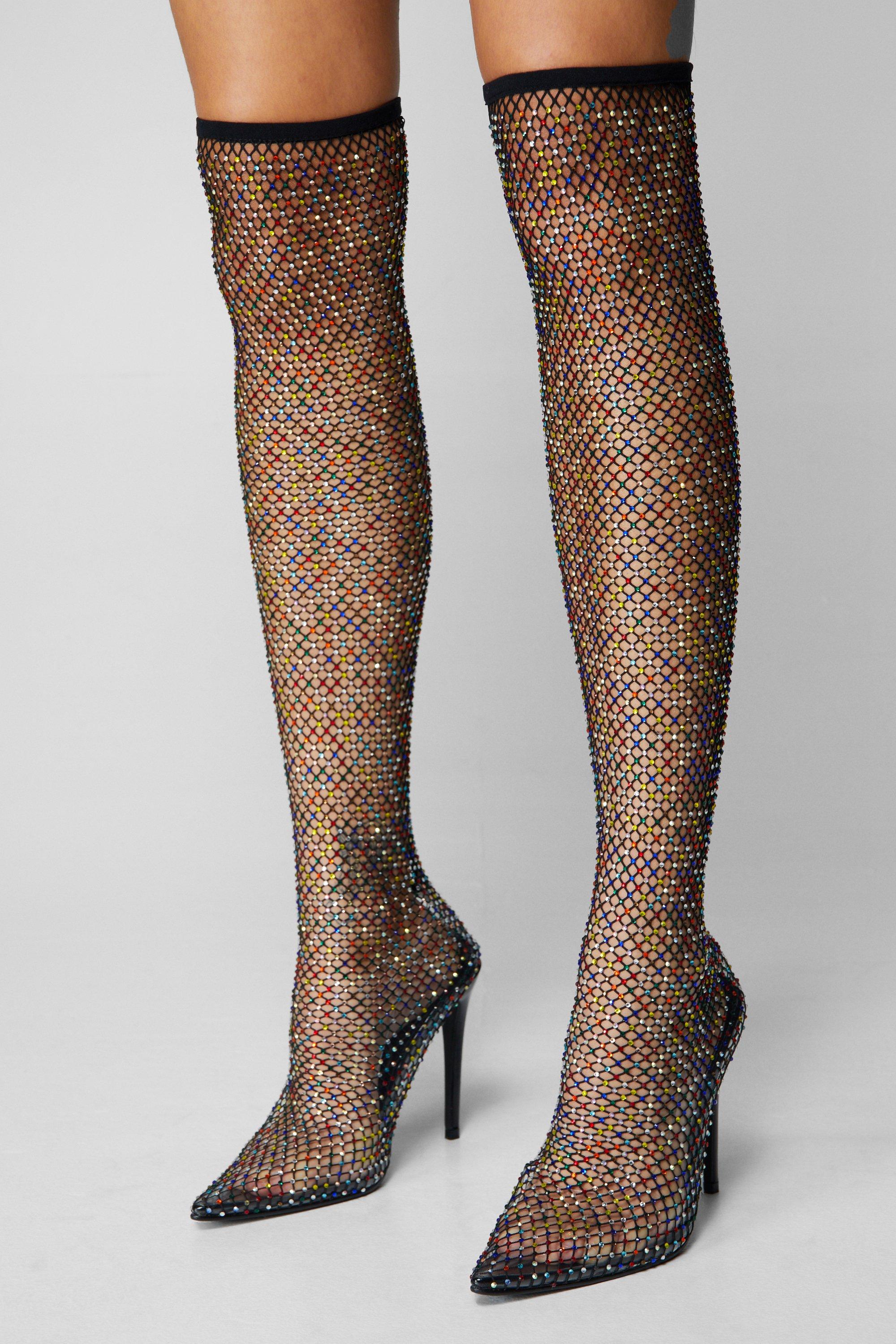 Multicolor Diamante Net Thigh High Boots