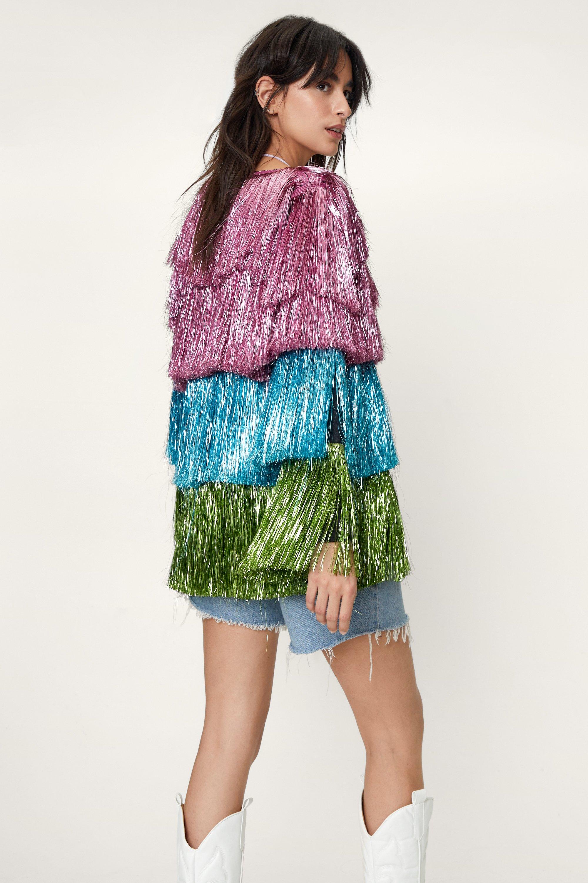 Metallic Open Front Tiered Tinsel Fringe Jacket