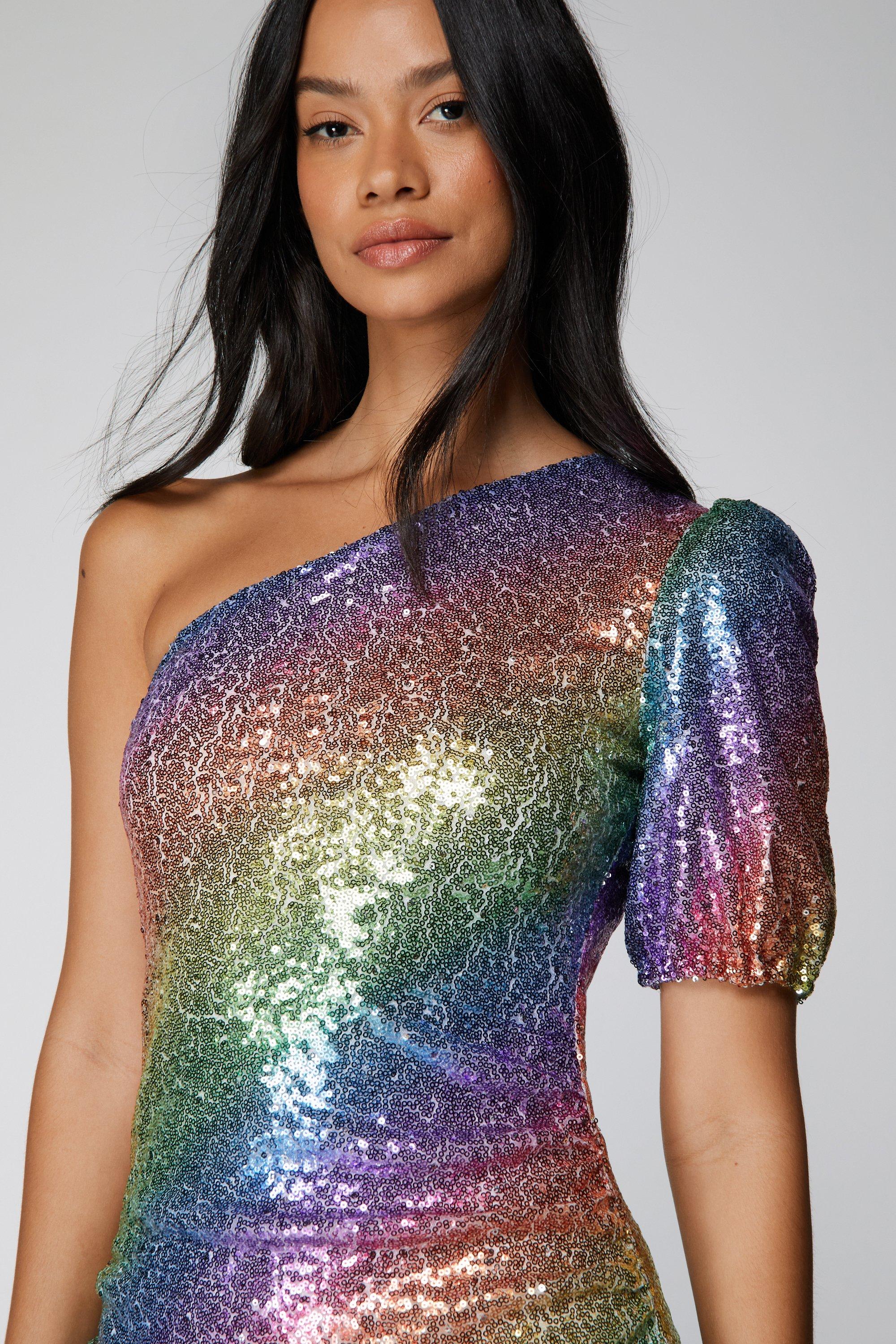 One Shoulder Rainbow Glitter Mini Dress