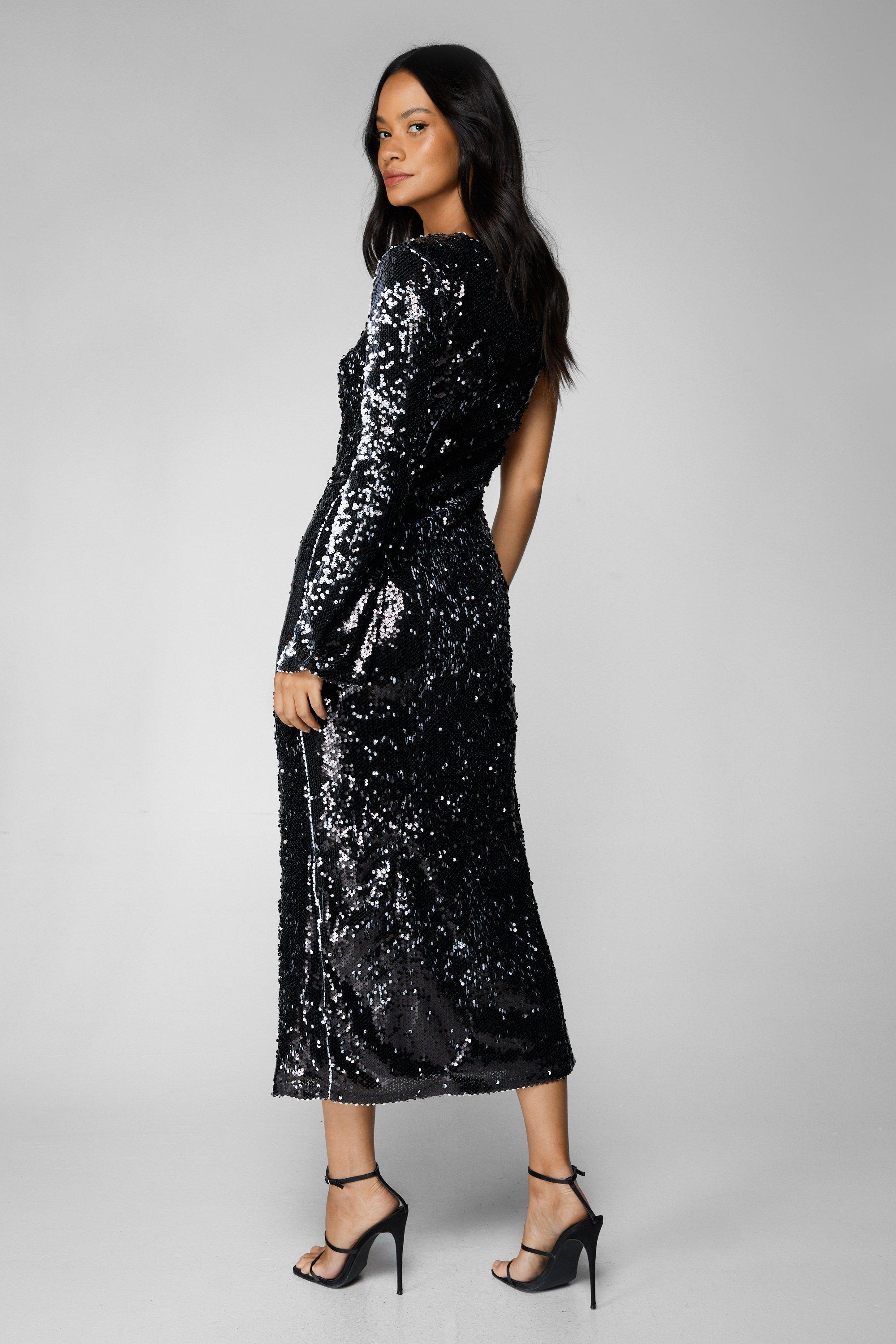 One Shoulder Sequin Midi Dress