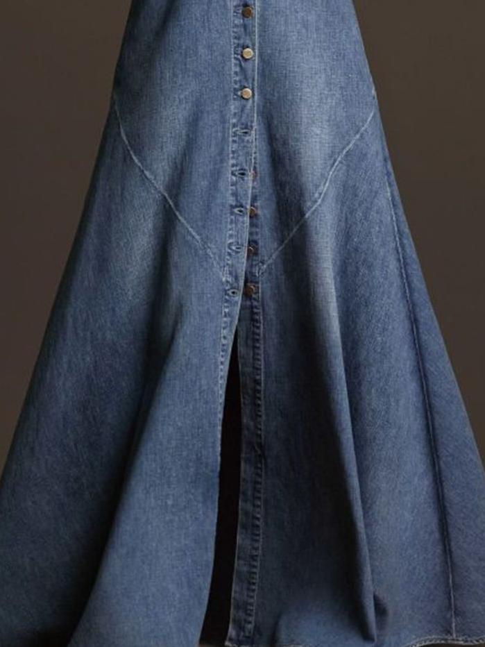 Vintage Plain Square Neck Button Denim Maxi Cami Dress