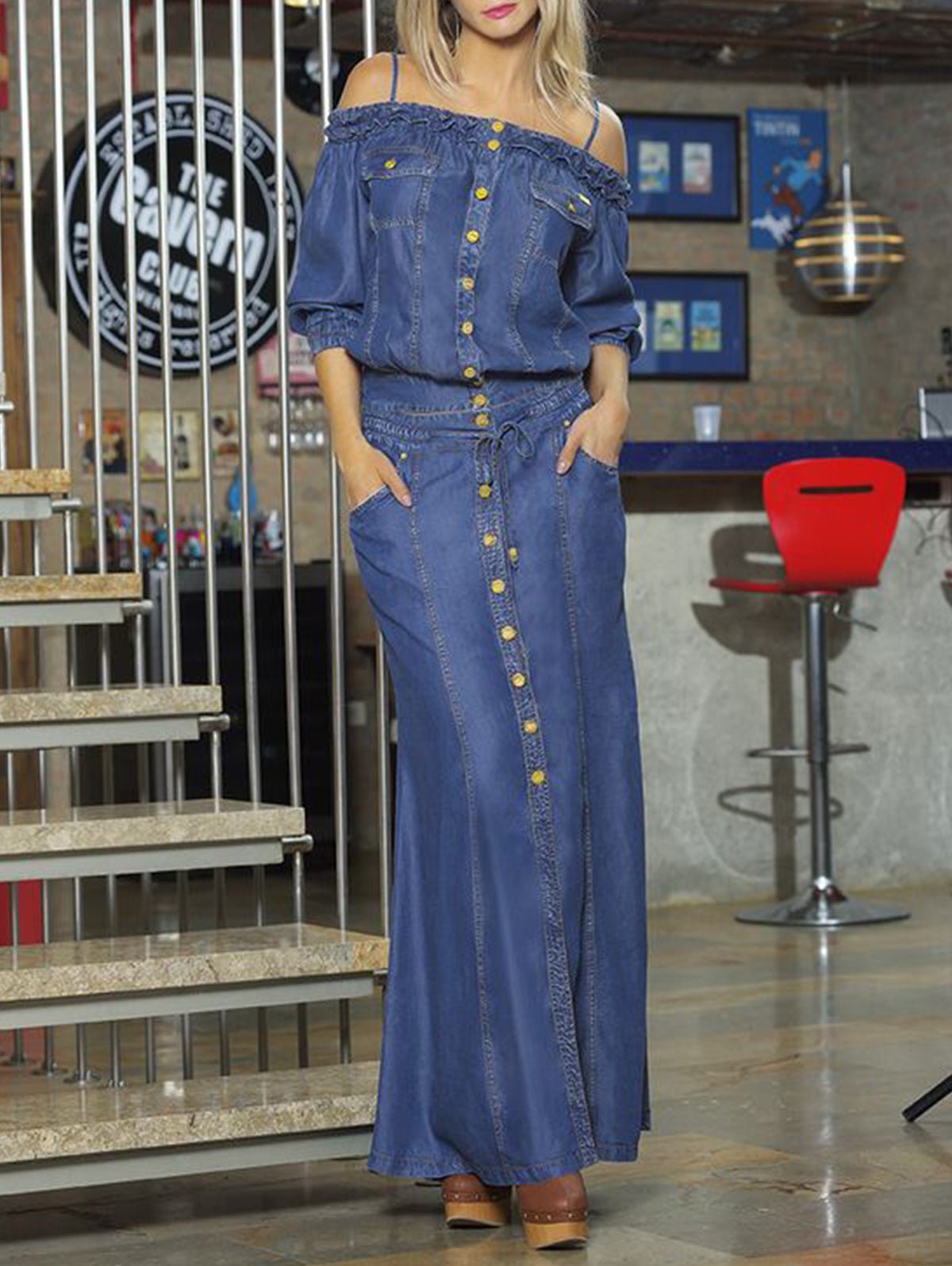 Casual Plain Off Shoulder Half Sleeve Button Denim Maxi Dress