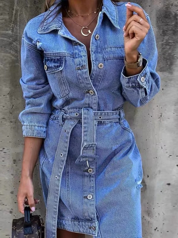 Casual Plain Denim Denim Dress With Belt