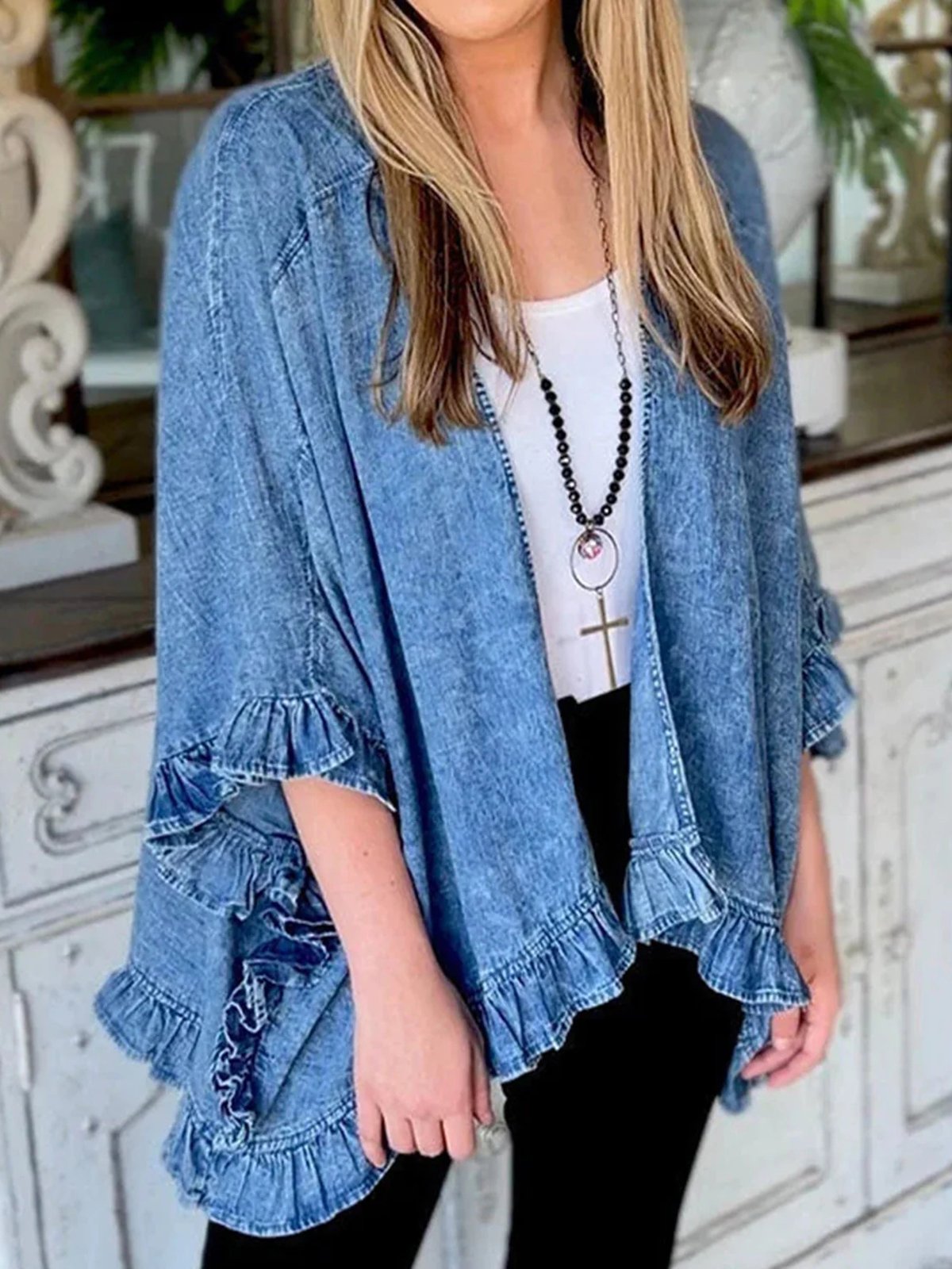 Plain Denim Casual Kimono