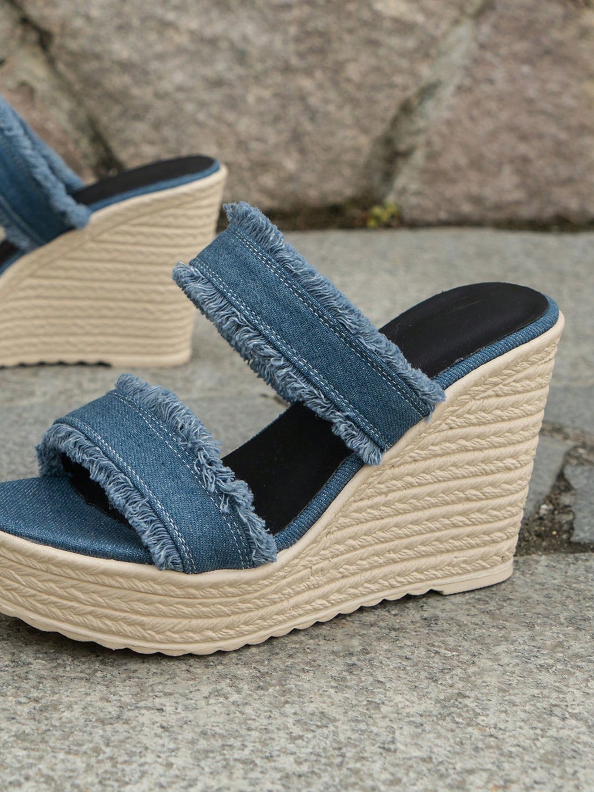 Blue Denim Fringe Wedge Heel Mule Sandals