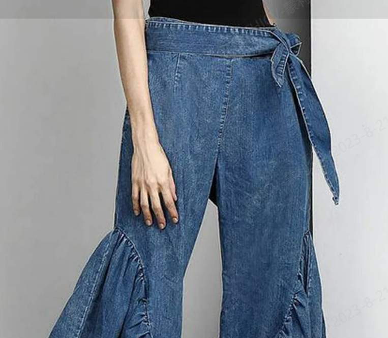 Casual Knot Waist Spliced Ruffle Wide Leg Denim Pants