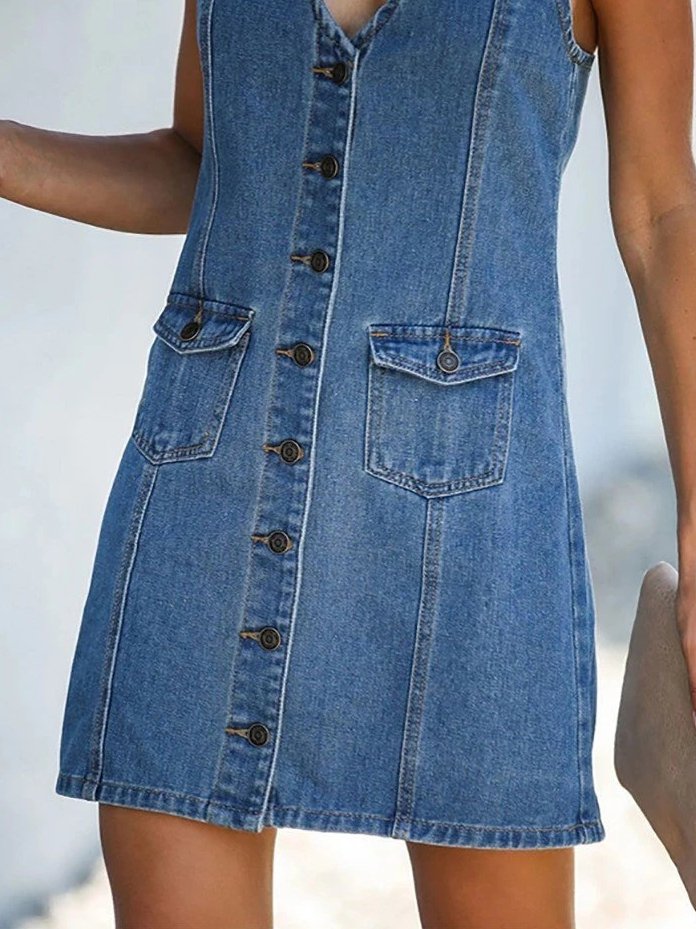 Denim V Neck Casual Plain Weaving Dress