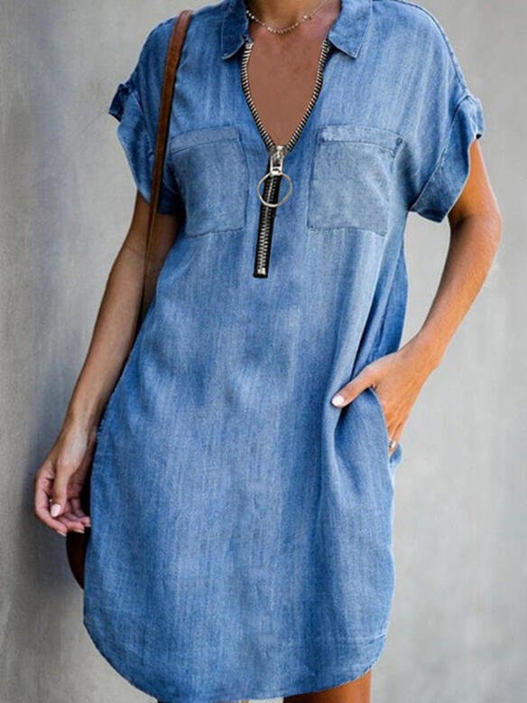 Short Sleeve Denim Casual Zipper Weaving Dress