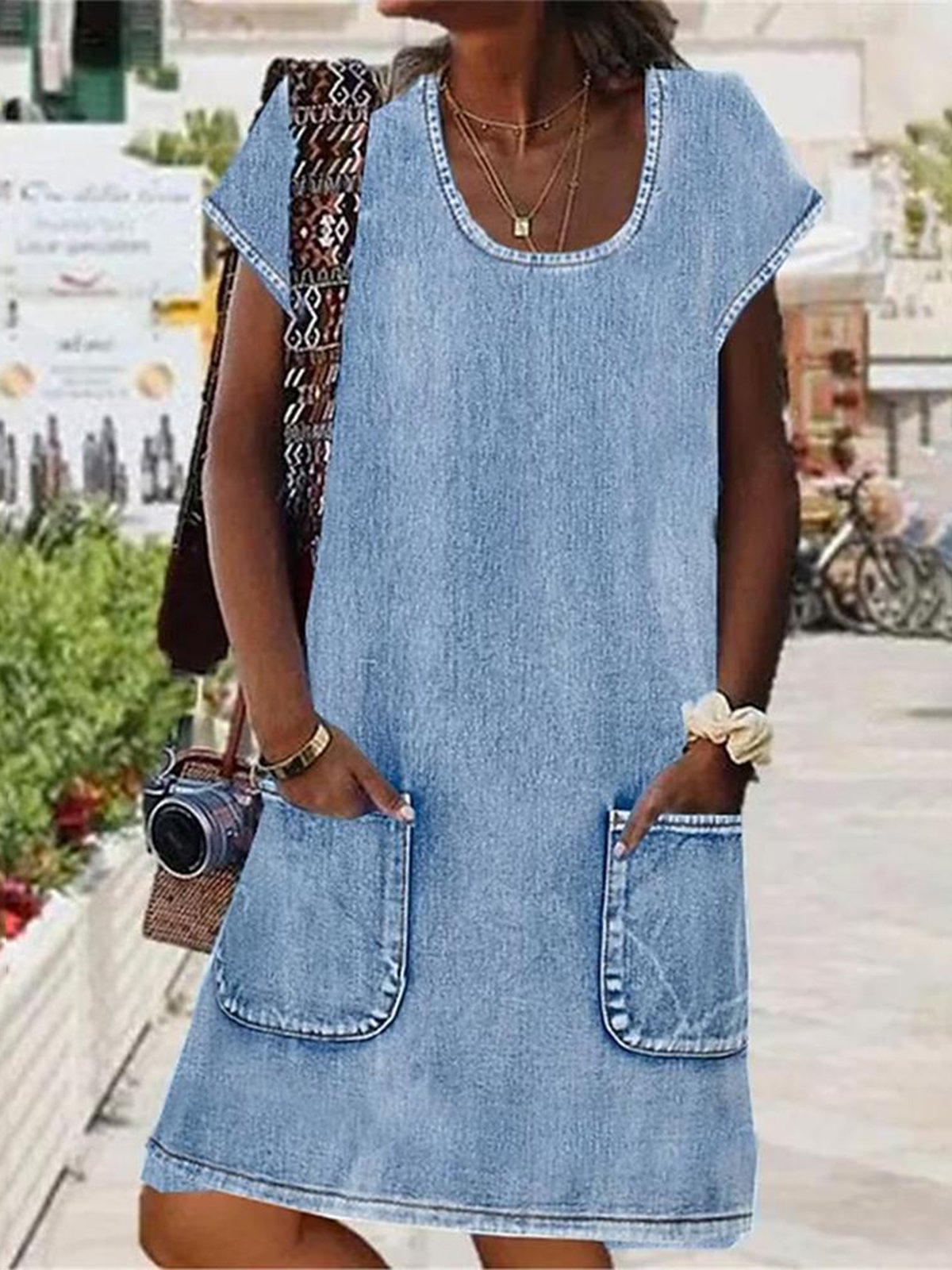 Denim Scoop Neck Plain Casual Dress