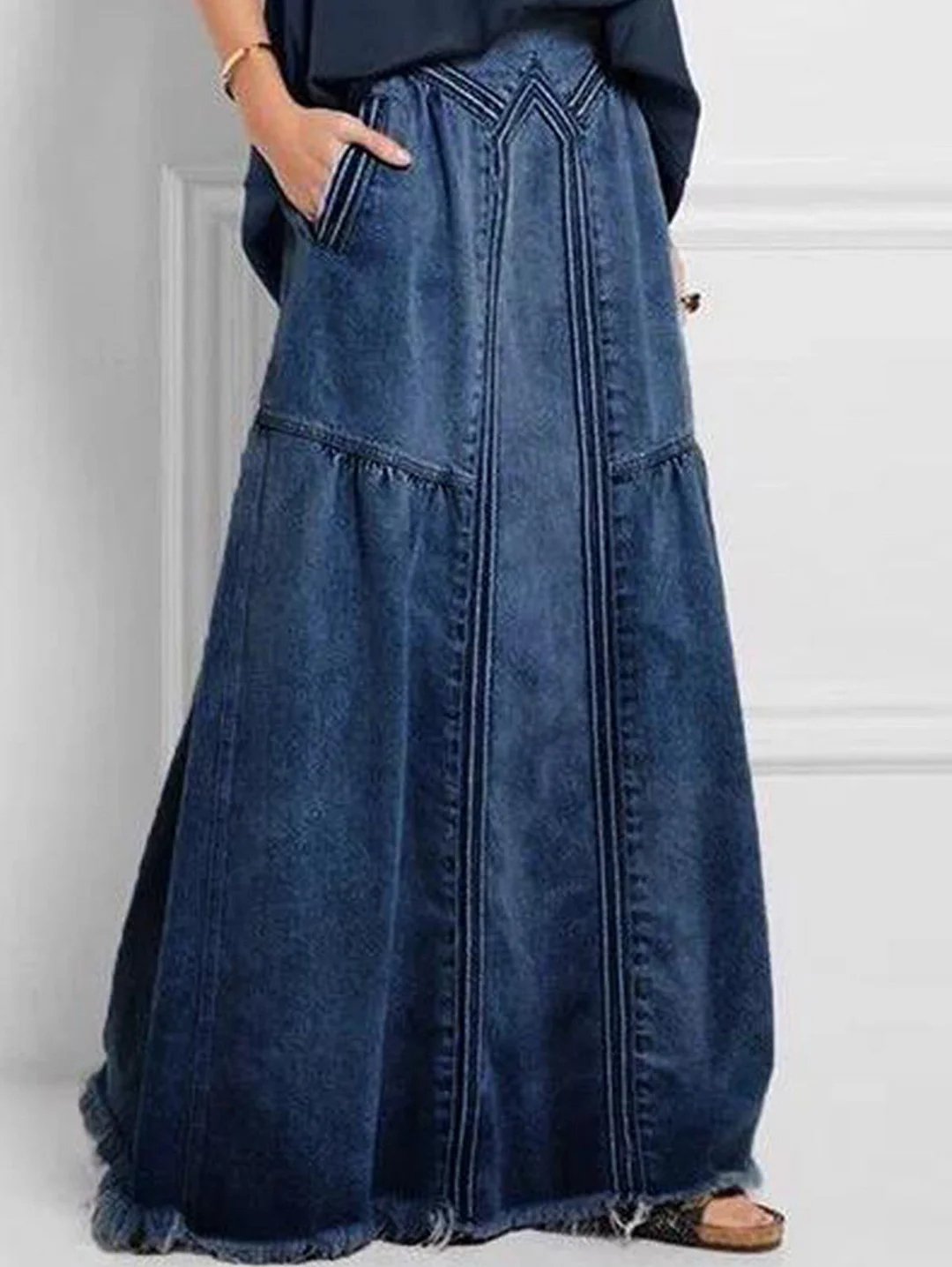 Women's Casual Brushed Elastic Waist Denim Skirt