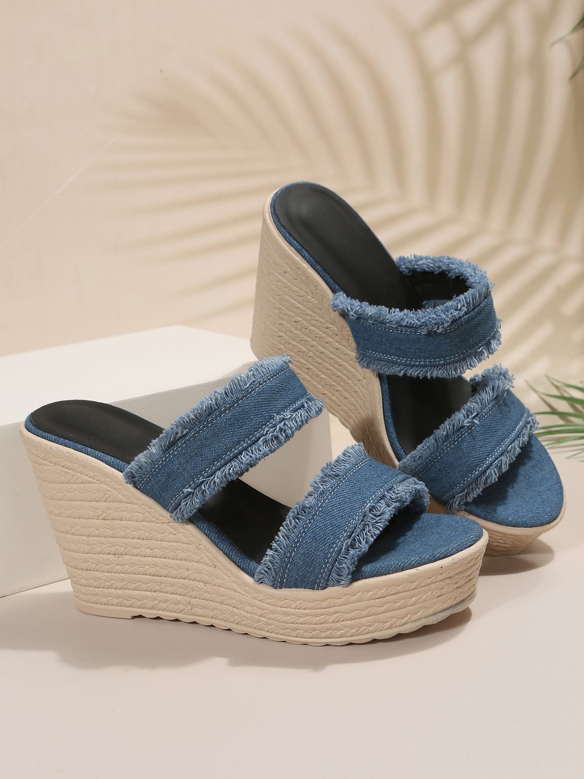 Blue Denim Fringe Wedge Heel Mule Sandals