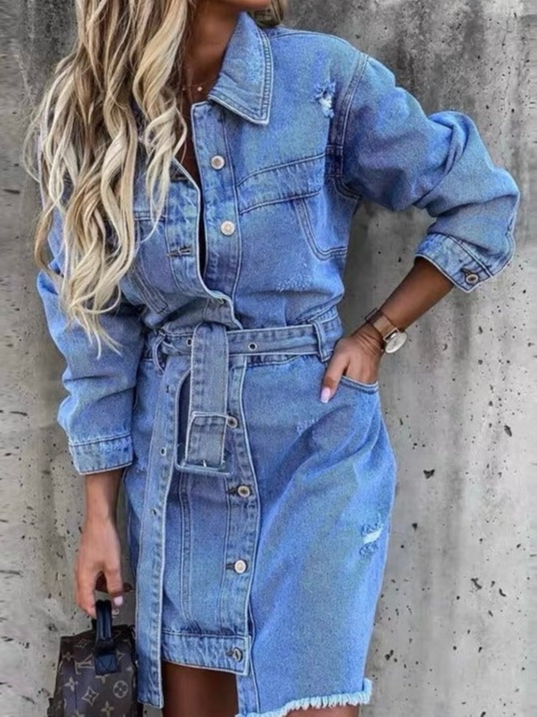 Casual Plain Denim Denim Dress With Belt