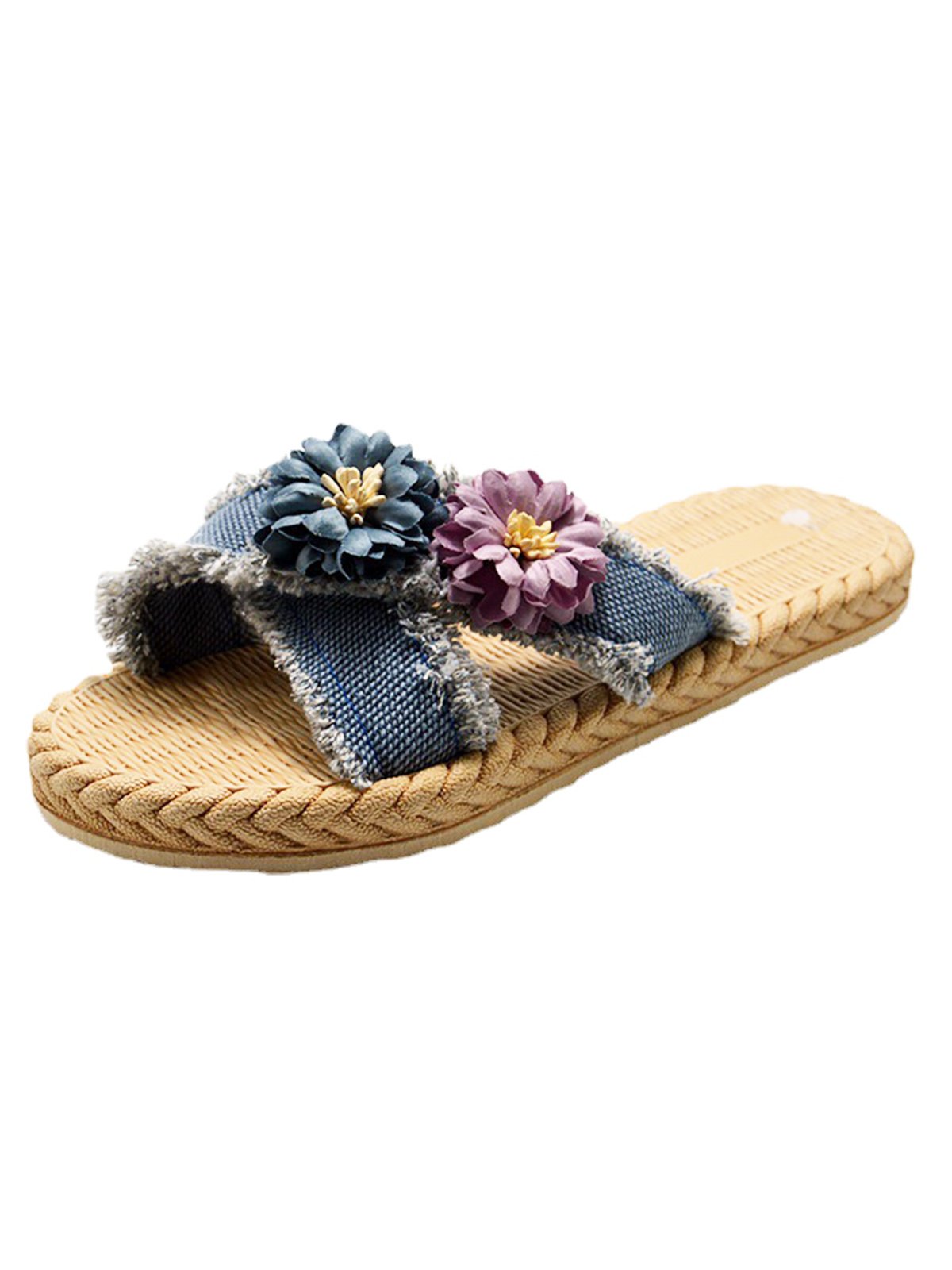 Denim Cross Strap Applique Raw Hem Beach Slippers