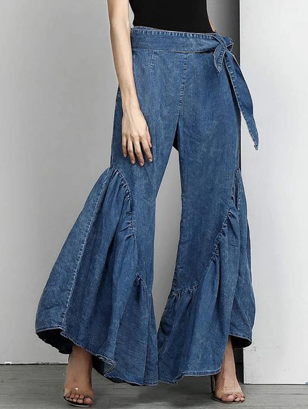 Casual Knot Waist Spliced Ruffle Wide Leg Denim Pants