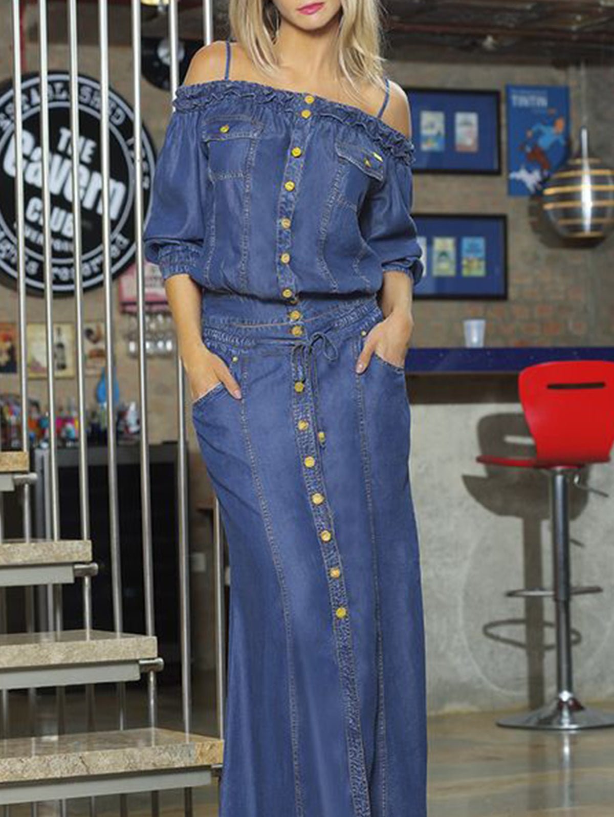 Casual Plain Off Shoulder Half Sleeve Button Denim Maxi Dress