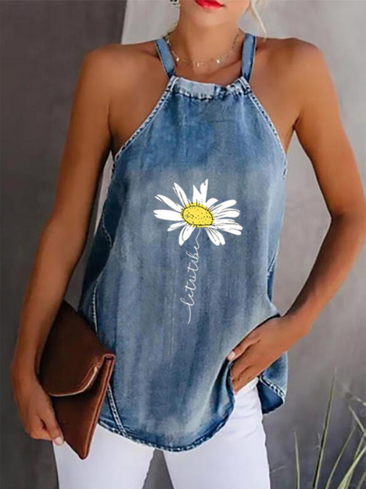 Vintage Sleeveless Daisy Printed Halter Casual Top