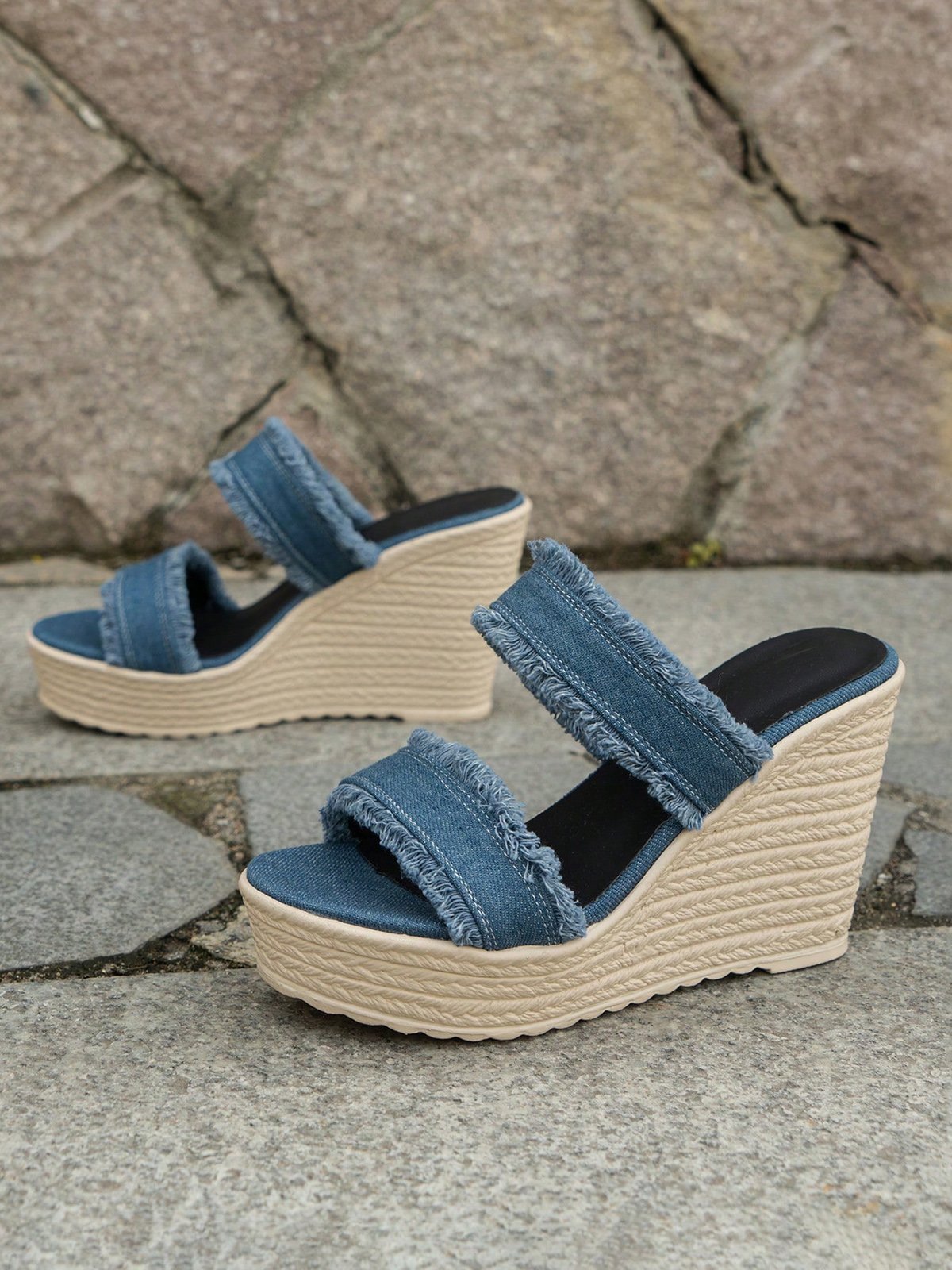 Blue Denim Fringe Wedge Heel Mule Sandals