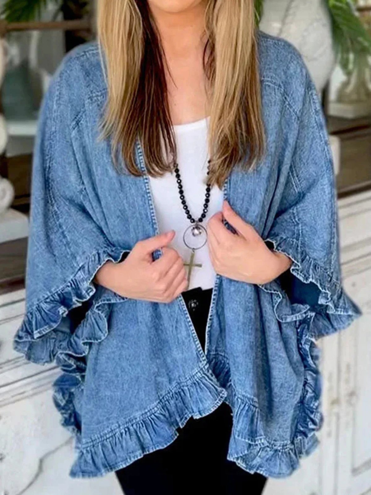 Plain Denim Casual Kimono