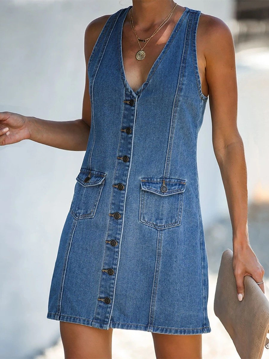 Denim V Neck Casual Plain Weaving Dress