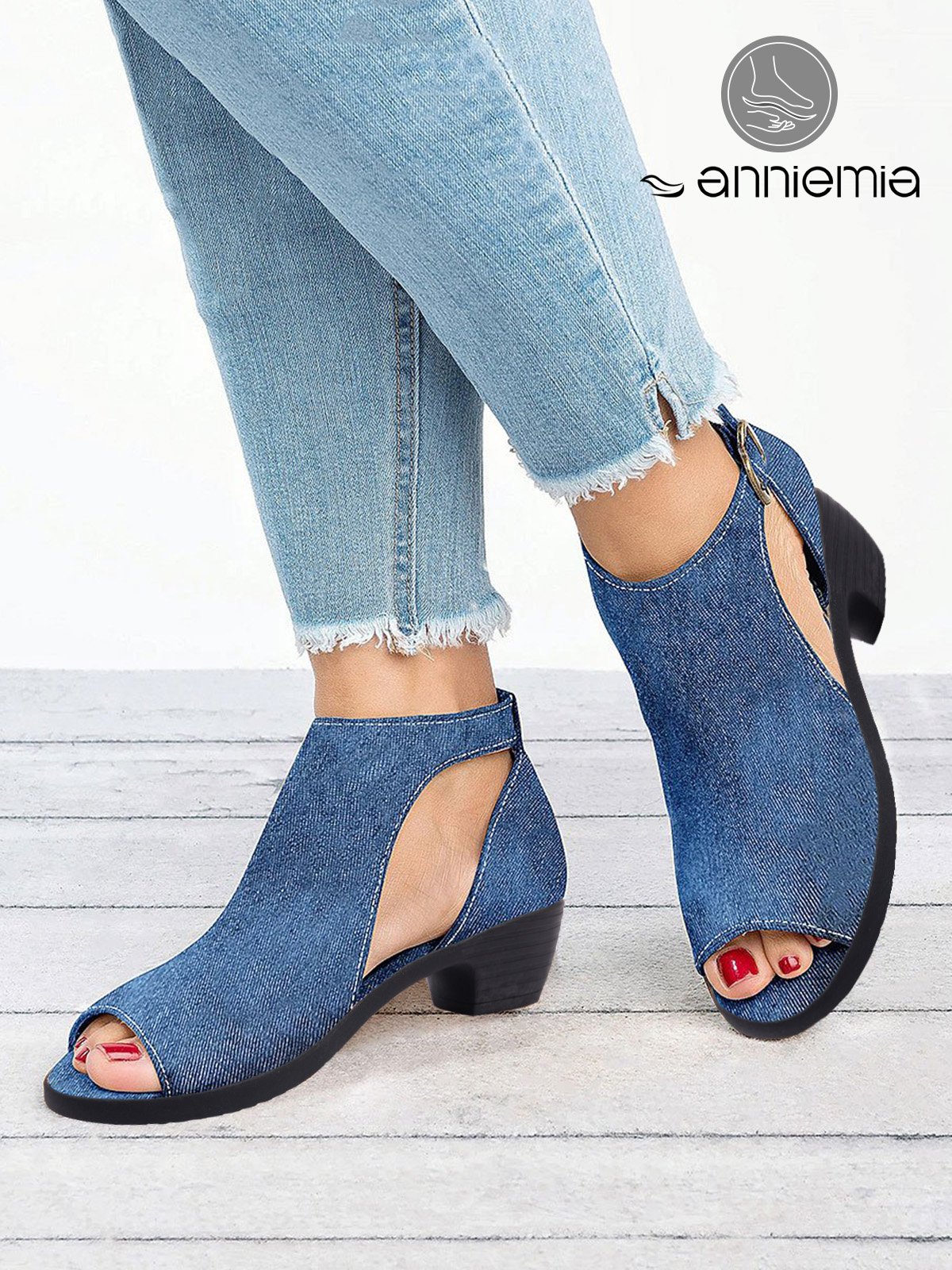 Anniemia Denim Blue Cut-out Chunky Heel Peep-Toe Sandals