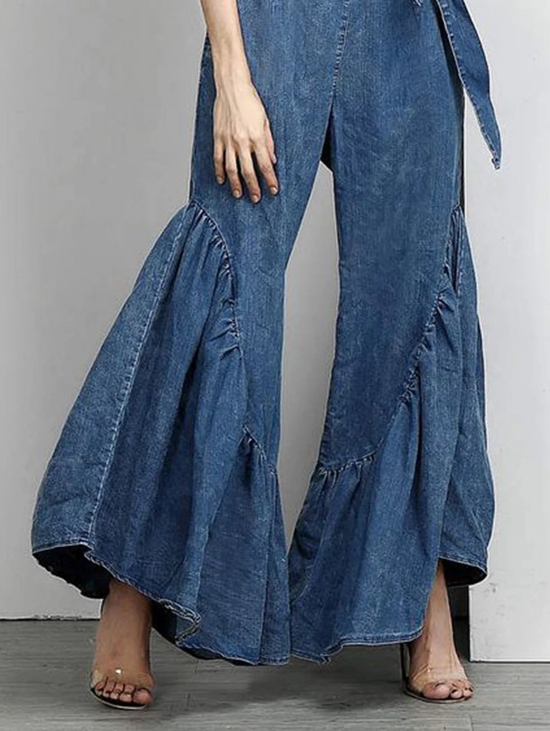 Casual Knot Waist Spliced Ruffle Wide Leg Denim Pants