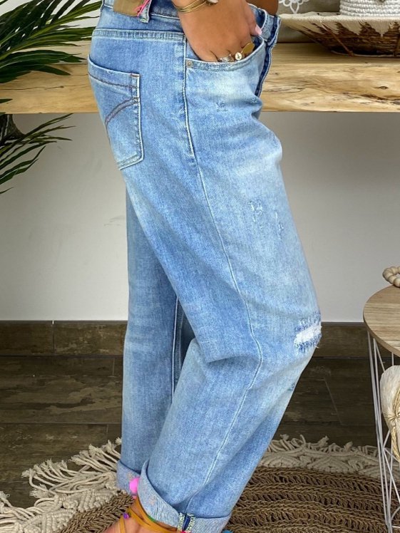 Blue Casual Denim Solid Pants