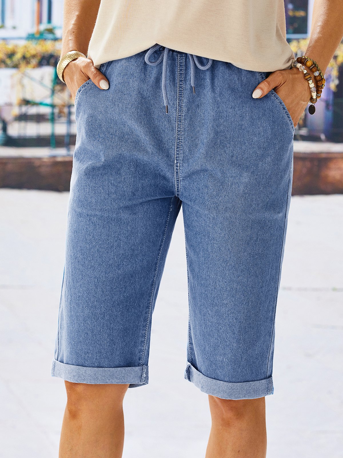 Denim Casual Solid Denim Shorts